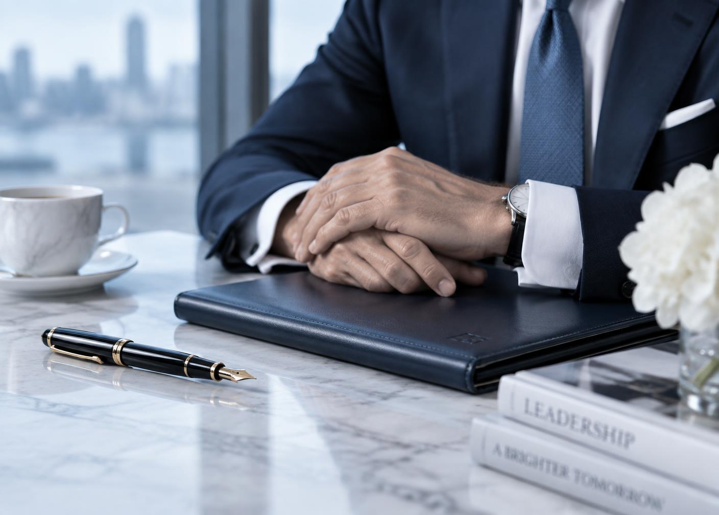 An executive seated with a leather portfolio and pen, composed before a meeting