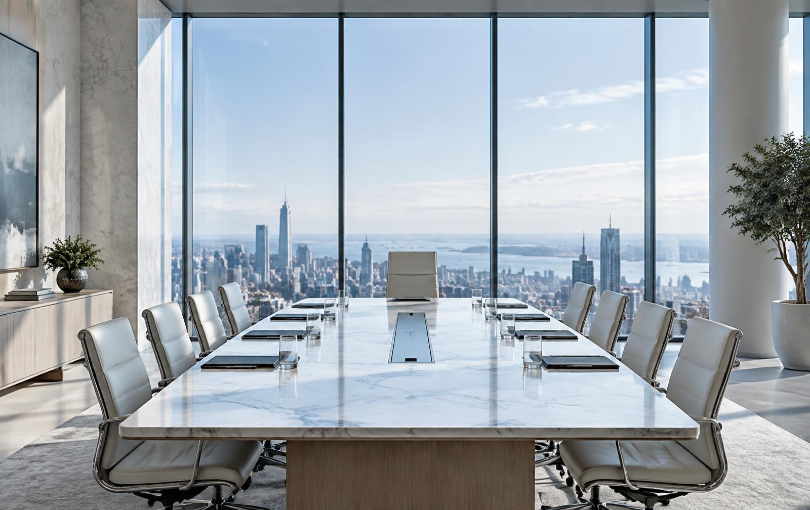 A bright executive boardroom high above the city, set and waiting